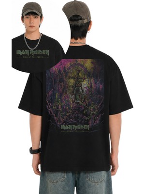 Fuddy Moda Unisex Iron Maiden Sign Of The Cross Sırt Baskılı Tişört, Oversize Rock Band Temalı Tshirt