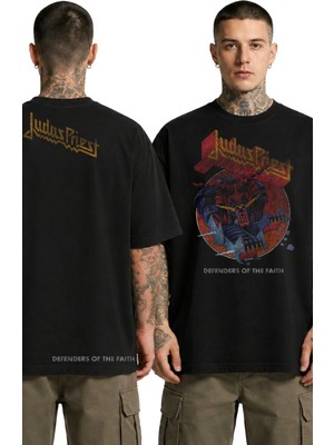 Fuddy Moda Unisex Oversize Judas Priest Defenders Of The Faith Ense ve Detay Baskılı Bisiklet Yaka Tişört