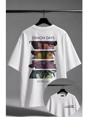 Fuddy Moda Unisex Gorillaz Demon Days Sırt Baskılı Bisiklet Yaka Tişört, Oversize Rock Band Temalı Tshirt