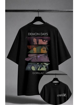 Fuddy Moda Unisex Gorillaz Demon Days Sırt Baskılı Bisiklet Yaka Tişört, Oversize Rock Band Temalı Tshirt