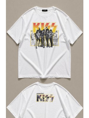 Fuddy Moda Unisex Kiss Unmasked Ense Bisiklet Yaka Tişört, Oversize Rock Band Temalı Tshirt