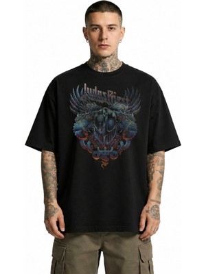 Fuddy Moda Unisex Judas Priest Baskılı Bisiklet Yaka Tişört, Oversize Rock Metal Band Temalı Tshirt