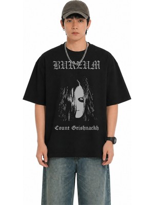 Fuddy Moda Unisex Burzum Count Grishnackh Baskılı Bisiklet Yaka Tişört, Oversize Rock Band Temalı T-Shirt