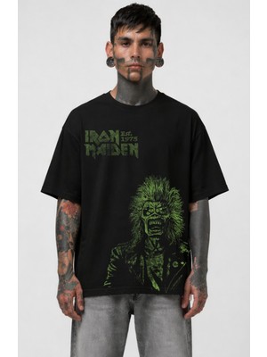 Fuddy Moda Unisex Oversize Iron Maiden Est 1975 Green Baskılı Bisiklet Yaka Tişört