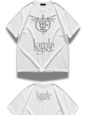 Fuddy Moda Unisex Lamb Of God Logo Ense Baskılı Bisiklet Yaka Tişört, Oversize Rock Band Temalı Tshirt