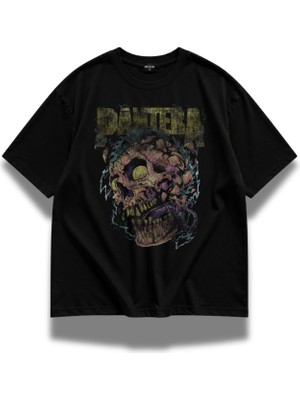 Fuddy Moda Unisex Vintage Tasarım Pantera Baskılı Bisiklet Yaka Tişört, Oversize Rock Band Temalı Tshirt