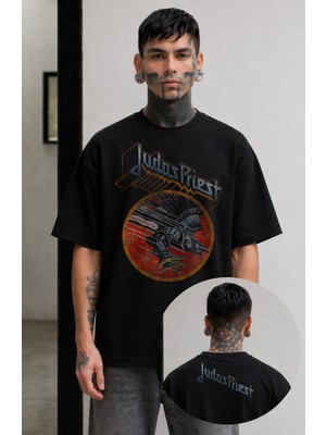 Fuddy Moda Unisex Oversize Rock Metal Band Judas Priest Ense Baskılı Bisiklet Yaka Tişört