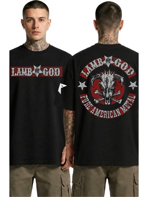 Fuddy Moda Unisex Lamb Of God Star Kol Sırt Baskılı Bisiklet Yaka Tişört, Oversize Rock Band Temalı Tshirt