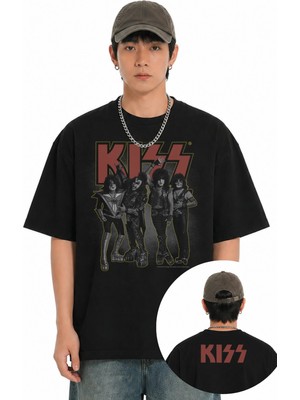 Fuddy Moda Unisex Kiss Members Ense Baskılı Bisiklet Yaka Tişört, Oversize Rock Band Temalı Tshirt