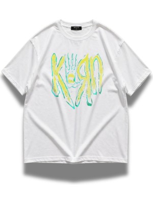 Fuddy Moda Unisex Korn Yazılı Bisiklet Yaka Tişört, Oversize Rock Metal Band Temalı Tshirt