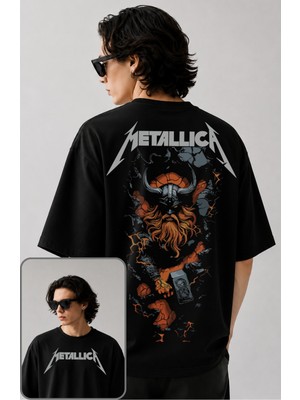 Fuddy Moda Unisex Metallica Viking Sırt Baskılı Bisiklet Yaka Tişört, Oversize Rock Band Temalı Tshirt