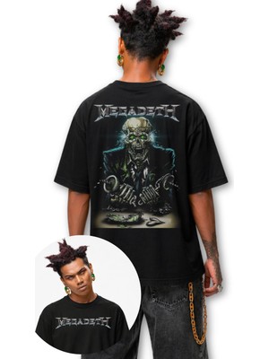 Fuddy Moda Unisex Megadeth Vic Rattlehead Sırt Baskılı Bisiklet Yaka Tişört, Oversize Rock Band Temalı Tshirt