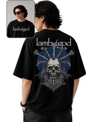 Fuddy Moda Unisex Lamb Of God Skull Sırt Baskılı Bisiklet Yaka Tişört, Oversize Rock Band Temalı Tshirt