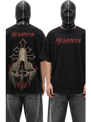 Fuddy Moda Unisex Megadeth Graphic Sırt Baskılı Bisiklet Yaka Tişört, Oversize Rock Band Temalı Tshirt