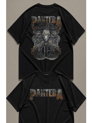 Fuddy Moda Unisex Pantera Vintage Sırt Baskılı Bisiklet Yaka Tişört, Oversize Rock Band Temalı Tshirt