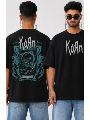 Fuddy Moda Unisex Korn Souvenir Of Sadness Sırt Baskılı Tişört, Oversize Rock Band Temalı Bisiklet Yaka Tshirt