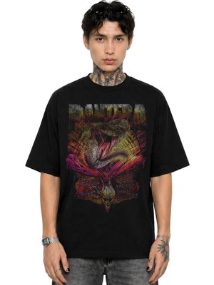 Fuddy Moda Unisex Pantera Snake Vintage Baskılı Bisiklet Yaka Tişört, Oversize Rock Band Temalı Tshirt