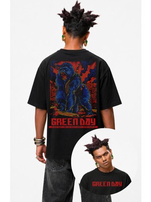 Fuddy Moda Unisex Oversize Green Day Gorilla Sırt Baskılı Bisiklet Yaka Punk Rock Band Tişört