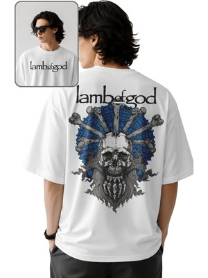 Fuddy Moda Unisex Lamb Of God Skull Sırt Baskılı Bisiklet Yaka Tişört, Oversize Rock Band Temalı Tshirt