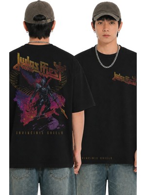 Fuddy Moda Unisex Judas Priest Invincible Shield Sırt ve Detay Baskılı Tişört, Oversize Rock Metal Band Tshirt