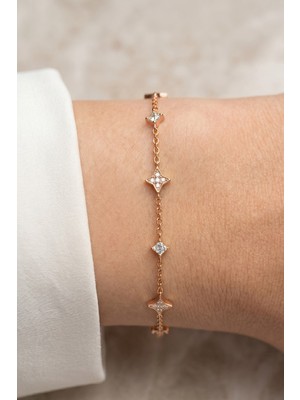 Söğütlü Silver 925 Ayar Gümüş Bileklik Rose Gold Kuzey Yıldızı Işıltılı Baget Taşlı Kadın Bileklik SGTL13379ROSE