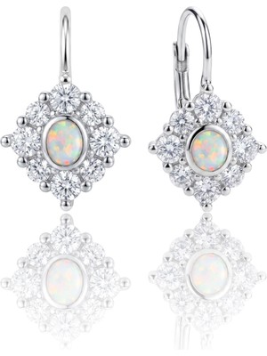 Söğütlü Silver 925 Ayar Gümüş Küpe Pırlanta Modeli Oval Opal Taşlı Kare Işıltılı Kadın Küpe SGTL13376RODAJ