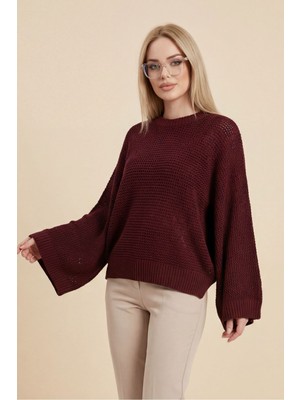 Moda Morfo Yarasa Kol Ajurlu Triko Kazak -Bordo