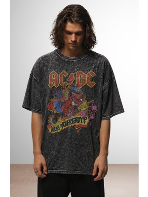 Fuddy Moda Unisex Oversize Ac-Dc Are You Ready Baskılı Yıkamalı Rock Band Temalı Vintage T-Shirt