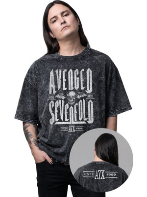 Fuddy Moda Unisex A7X Avenged Sevenfold Ense Baskılı Yıkamalı T-Shirt, Oversize Rock Band Temalı Retro Tişört