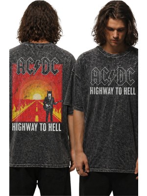 Fuddy Moda Unisex Oversize Ac-Dc Highway To Well Sırt Yıkamalı Rock Band Temalı Vintage T-Shirt