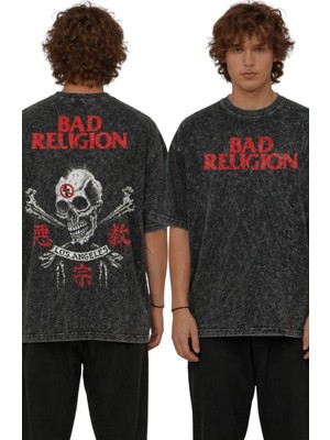 Fuddy Moda Unisex Oversize Bad Religion Los Angeles Sırt Baskılı Rock Band Temalı Yıkamalı T-Shirt