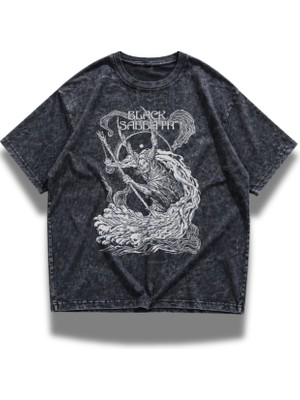 Fuddy Moda Unisex Black Sabbath Yazılı Yıkamalı T-Shirt, Oversize Rock Band Temalı Vintage Tişört