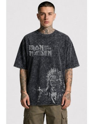 Fuddy Moda Unisex Iron Maiden Est 1975 Baskılı Yıkamalı Tişört, Oversize Rock Band Temalı Vintage T-Shirt