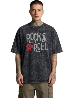Fuddy Moda Unisex Oversize Rock And Roll Baskılı Yıkamalı Tişört