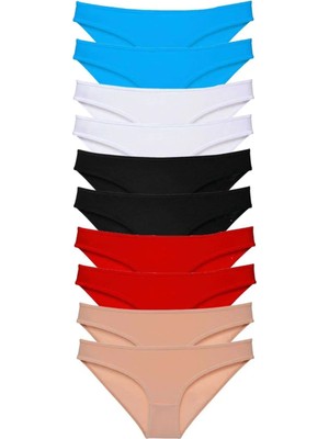 Modanı Seç 10 Adet Süper Eko Set Likralı Kadın Slip Siyah Kırmızı Ten Beyaz Mavi
