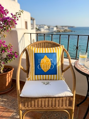 Rahan Design Limon Cello Desenli Çift Taraflı Çizgili Süet Kırlent Kılıfı - 43X43CM - Limonlu Dekoratif Kırlent Kılıfı
