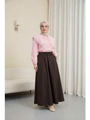 Moda Morfo Dantelli Geniş Yakalı Bağcıklı Kolu Lastikli Poplin Gömlek -Pembe