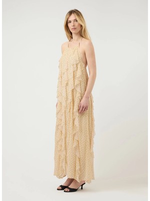Yas Sarı Kadın Yuvarlak Yaka Fit Elbise Yasfınıllo Halterneck Long Dress -