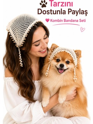 Kadın & Köpek Kombin El Örgüsü Minik Dost Bandana Seti Ayarlanabilir Evcil Hayvan Sahip Kombini Bohem Tasarım