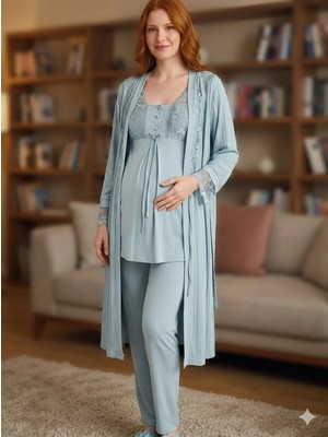 Modadua Bone 6205 Kadın 3'lü Jakarlı Sabahlıklı Lohusa Pijama Takımı