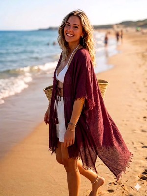 Trend Nexus Yaz Modası Oversize İp Detaylı Bordo Pareo