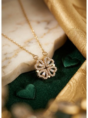 Stainless Steel 316L Çelik Gold Renk Açılır Zirkon Taşlı Yonca Model Çelik Kolye