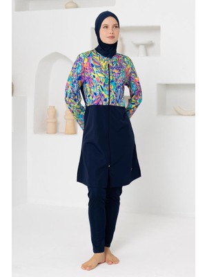 Rozamay 263401ROWAN Paraşüt Lycra Uzun Kollu  Lacivert Dijital Desen Tesettür Mayo