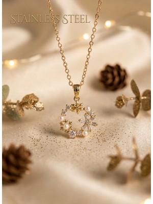 Stainless Steel 316L Gold Renk Çelik Zincir Incili Çiçek Model Çelik Kolye