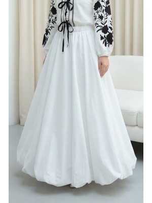 Moda Morfo Beli Lastikli Astarlı Poplin Balon Etek -Beyaz