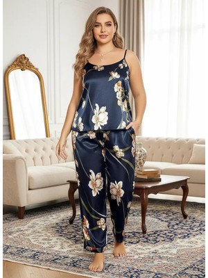 Liyuza Büyük Beden Mavi Çiçek Desenli Ince Askılı Saten Pijama Takımı 2’li Kadın