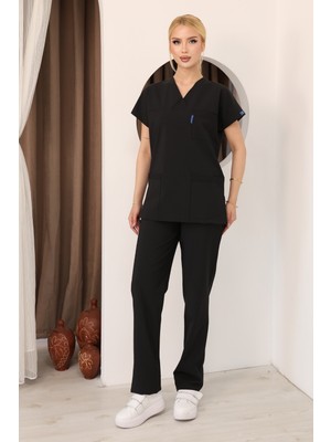 Deq Fashion Unisex Siyah Premium Scrubs Takım Leke Tutmaz Likralı Hemşire Doktor Cerrahi Medikal Forma