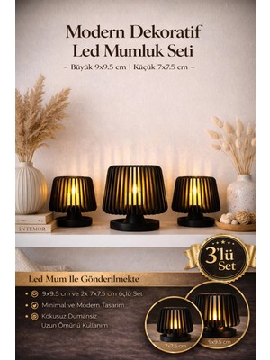 Zulya 3’lü Siyah LED Mumluk Seti Modern Dekoratif Mumluk Hediyelik Şık Tasarım (7x7,5 cm & 9x9,5 Cm)