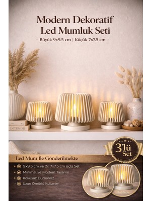 Zulya Modern Dekoratif LED Mumluk Seti 3’lü – Minimal Tasarım, LED Mum Dahil (9x9.5 cm + 2x 7x7.5 Cm)