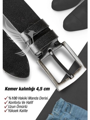 Liarca %100 Hakiki Deri Erkek Kot Kemeri 4.5 cm Manda Derisi Siyah Hediyelik Kemer Çeyizlik Spor Kemer